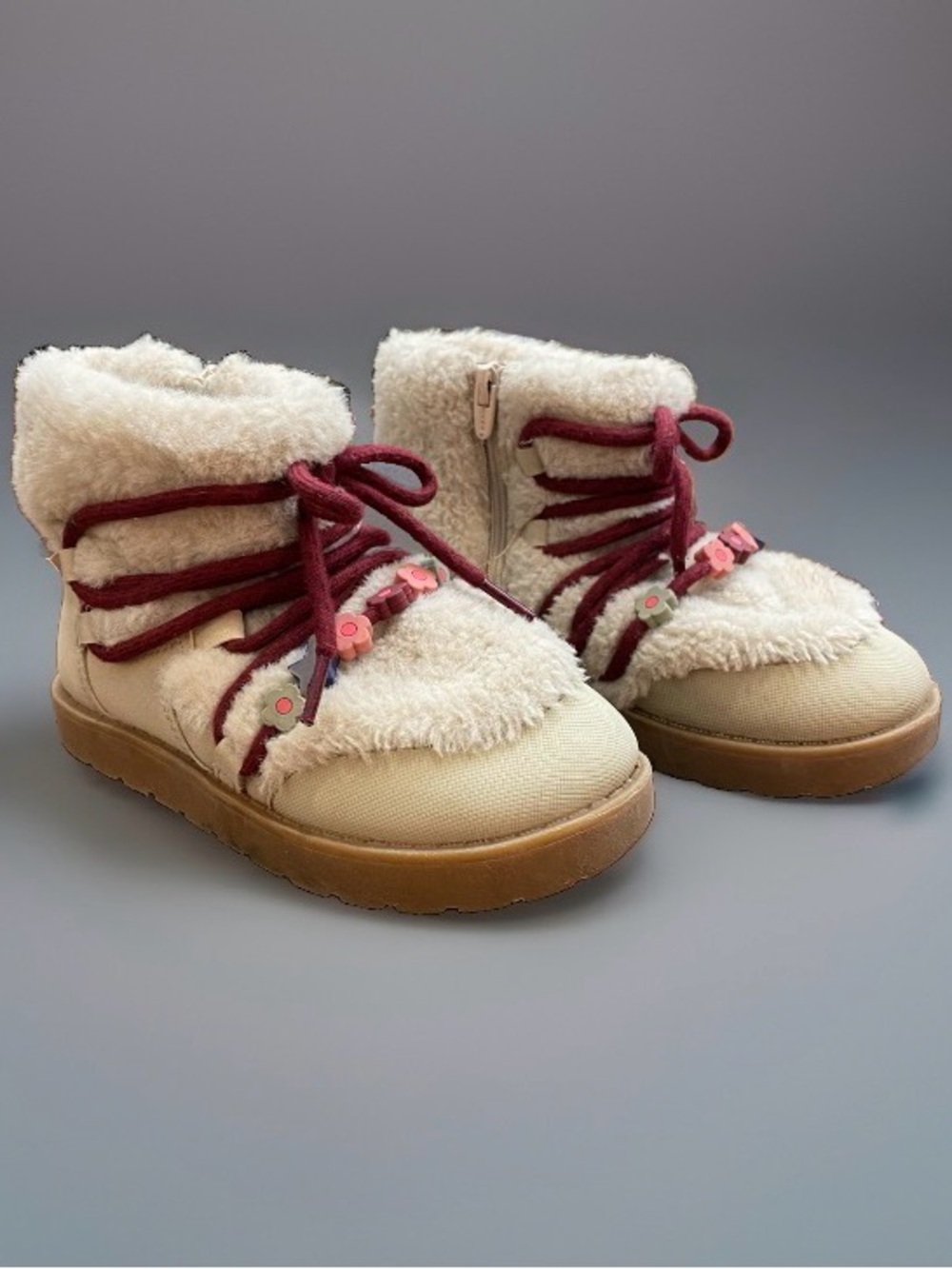Zara Kids Beaded Faux Fur Lined Ankle Boots Ecru White EU Size 26/US Size 9.5